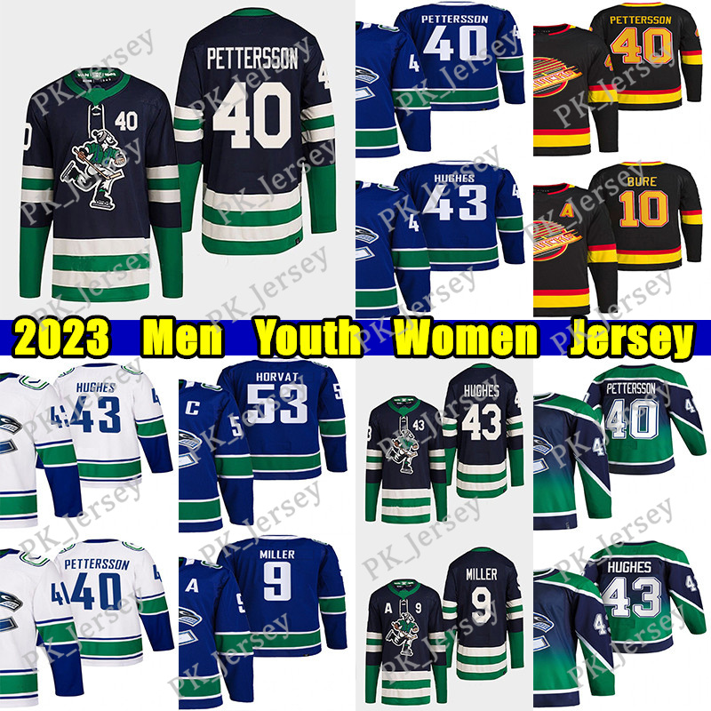 

#43 Quinn Hughes Vancouver Reverse Retro hockey jersey 40 Elias Pettersson 74 Ethan Bear Brock Boeser Thatcher Demko Nils Aman Anthony Beauvillier J.T. Miller jerseys, Navy blue new reverse retro women