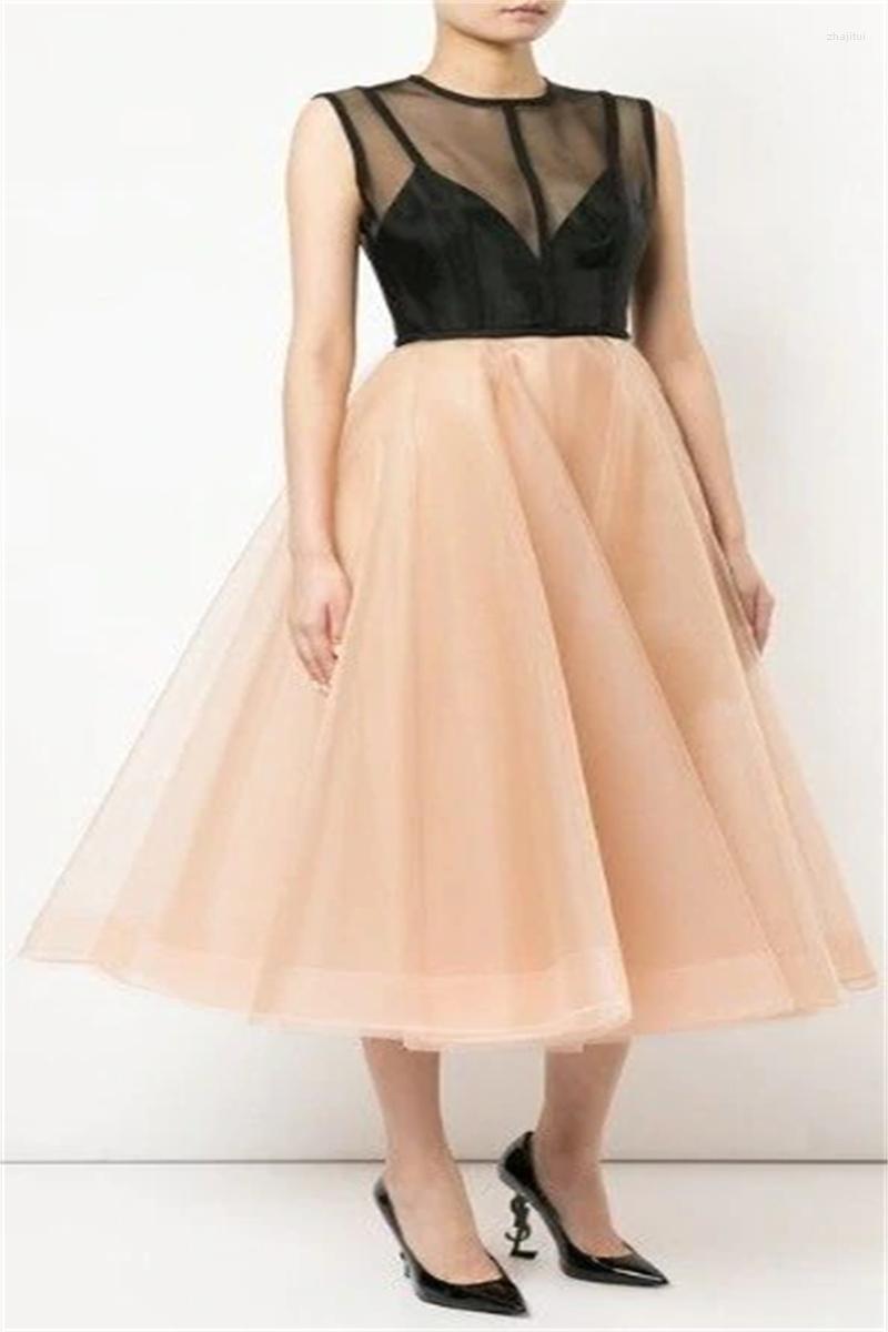 

Runway Dresses Patchwork 2023 Evening Dress Illusion Vintage Vibes Bohemian V-Neck Waist Sleeveless Chiffon Sexy Prom Homecoming, Apricot and black