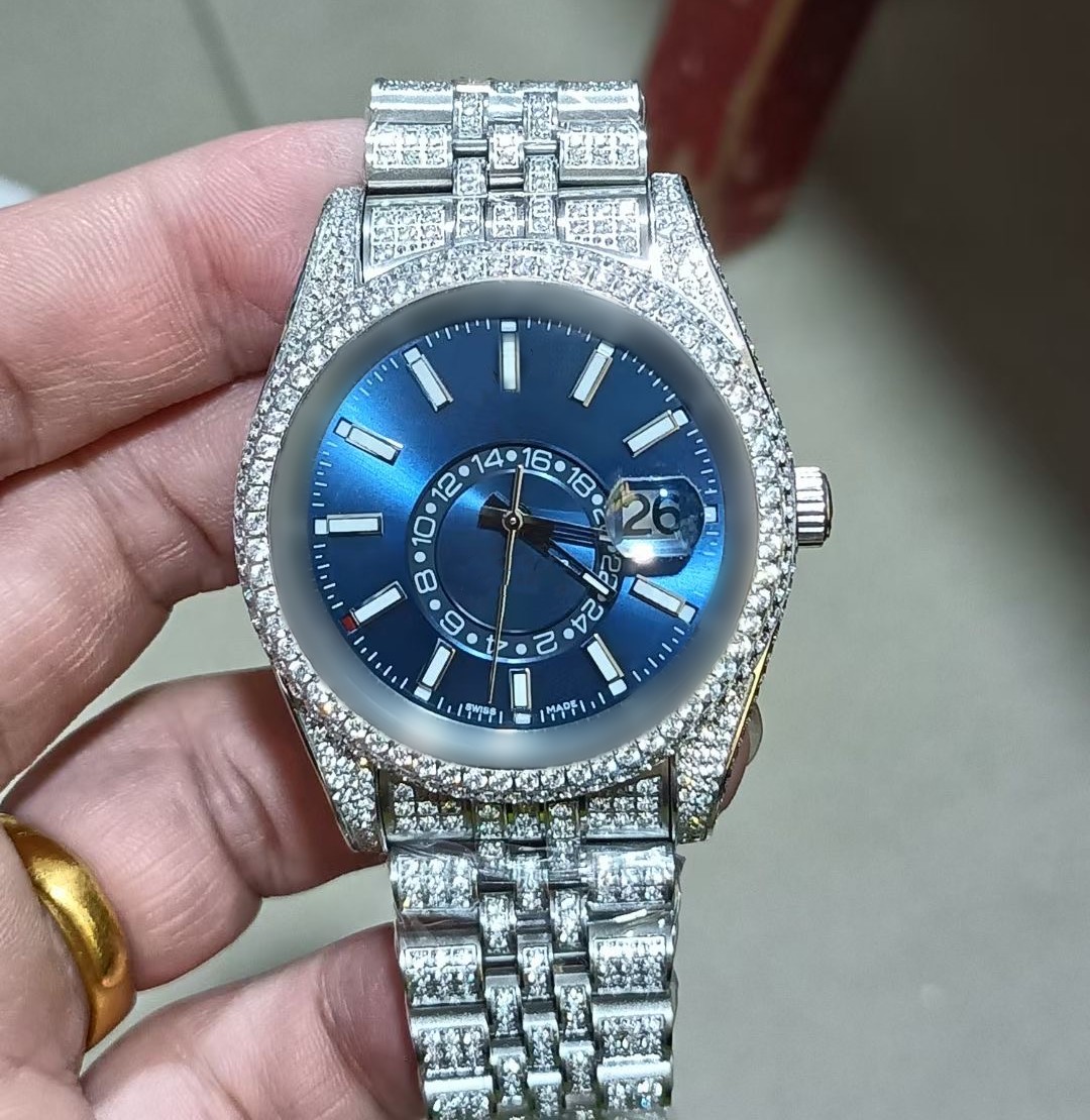 

Diamond Watch Mens Automatic Mechanical Movement Watches 42mm Stainless Steel Men Life Waterproof Wristband De Luxe Business WristWatches, Blue face