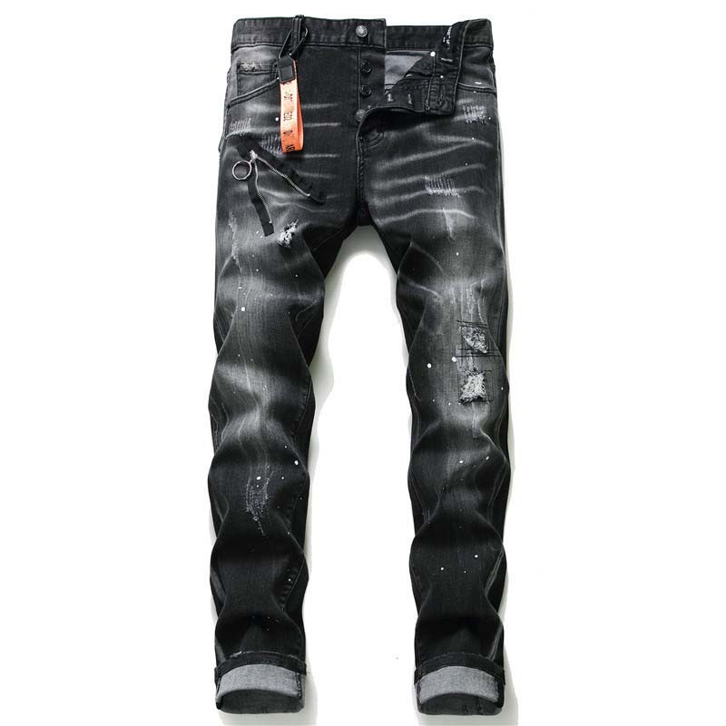 

Denim Jeans Men Slim Fit Ripped Streetwear Stretch Skinny Black Pants Rotro Hole Biker Trousers Hip Hop Distressed Men Clothing