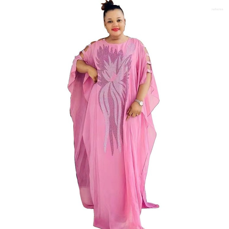 

Ethnic Clothing African Chiffon Dress Women Hollow Batwing Sleeve Summer Boubou Robes Causal Stick Diamonds Long