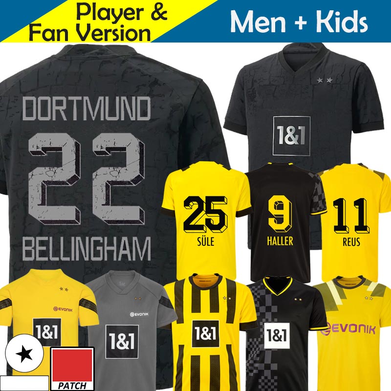 

2022 2023 Kohle Stahl Sondertrikot Soccer Jerseys 22/23 Dortmund Football Shirt Kids Kit Away Third White Coal Steel Special Edition All Black REUS HALLER BELLINGHAM, Kids 3rd serie a patch