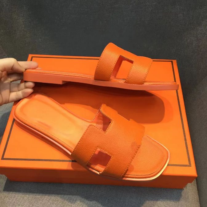 

Designer women H flat sandals fashion leather slippers summer lady sandals beach party oran slide slippers 35-42size Slippers