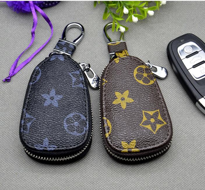 

Car Keys Bag Keychains Rings Brown Flower Plaid PU Leather Gold Metal Keyrings Holder Pendant Charms Fashion Design Pouches Jewelry Gifts