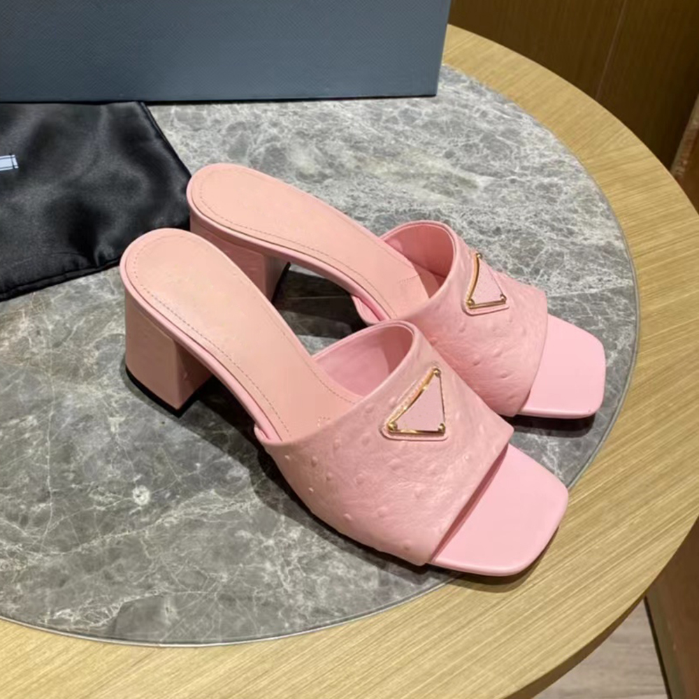 

women's slippers medium thick heel sandals classic triangle buckle decoration luxury designer mules street style factory shoes slippers 35-42 with box, White