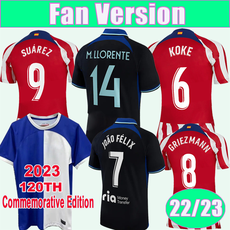 

2023 KOKE JOAO FELIX Mens Soccer Jerseys 120TH Commemorative Edition 22 23 GRIEZMANN H.HERRERA SUAREZ Home Away Football Shirts short sleeve Adult Uniforms, Qm13161 2023 120th l. lig. patch