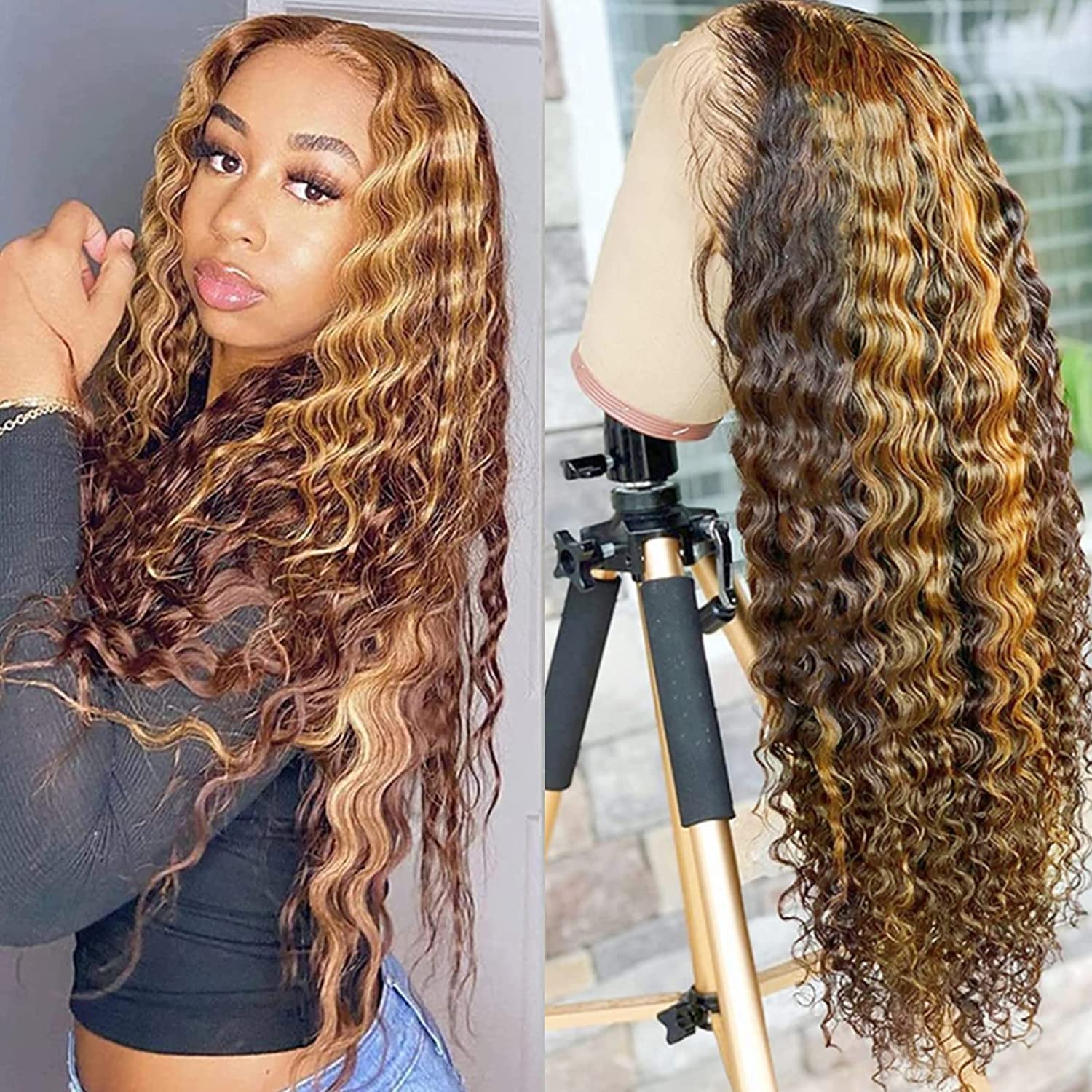 

4/27 Highlight Wig Brazilian Deep Wave Wig Highlight Lace Front Human Hair Wigs Honey Blonde Ombre Lace Front Wig Remy, P4/27 highlight color