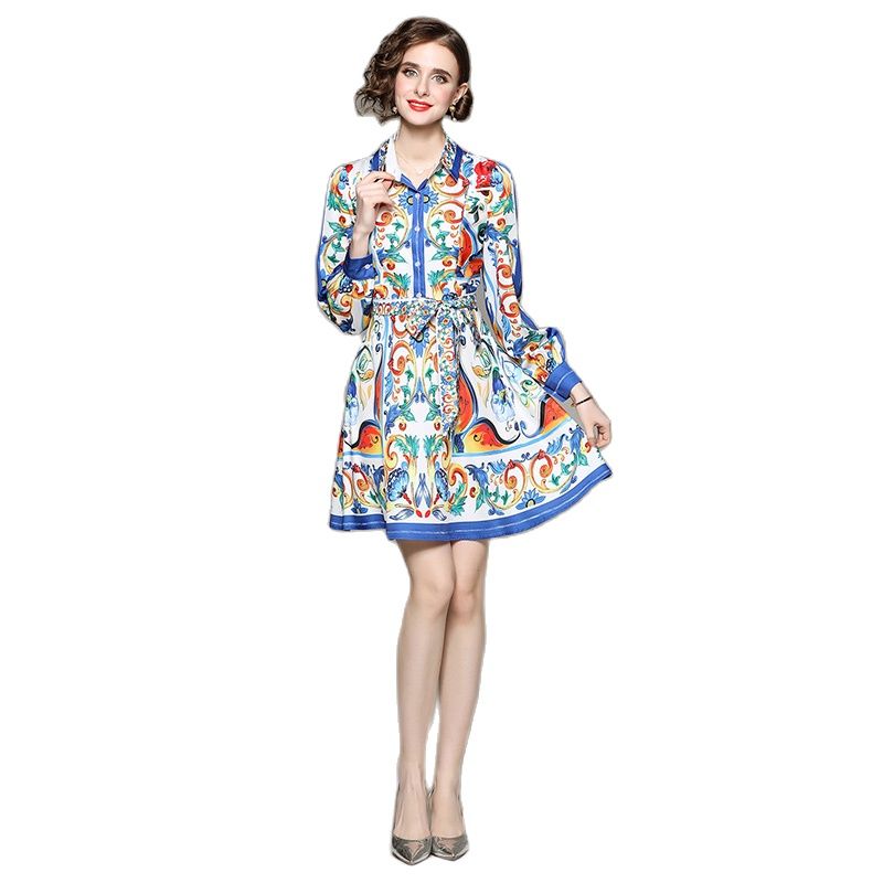 

Court Style Printed Sash Bow Mini Dress Long Sleeve Button Front Shirt Waist Short Stylish Casual Dresses Women 2023 Summer Designer Ladies Resort Beach Clothes, Brown