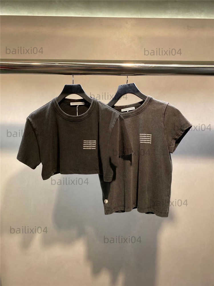 

Women' T-Shirt Spring and Summer New AW Wang Water Wash Style Cotton Letter Short Sleeve Top Female T230323, Black gray (navel exposed)