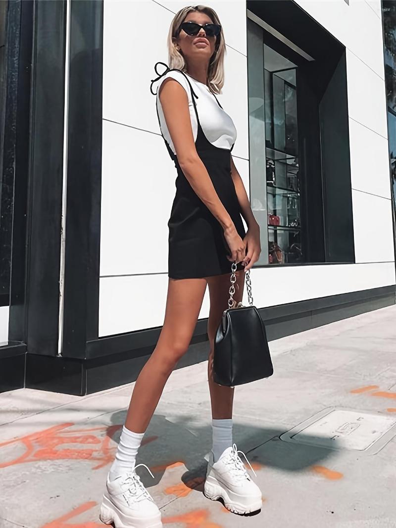 

Casual Dresses Solid Tie Crew Neck Lace Up Dress, Black