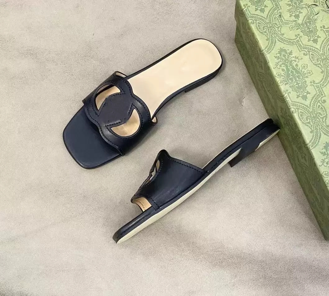 

Italy Women Sandal flat slide Interlocking High-quality Leather Slippers G Cut-out Slides Sandal Calf Leathers Sexy Flats Ladies Fashion Cutout Wear Shoes Box, 10