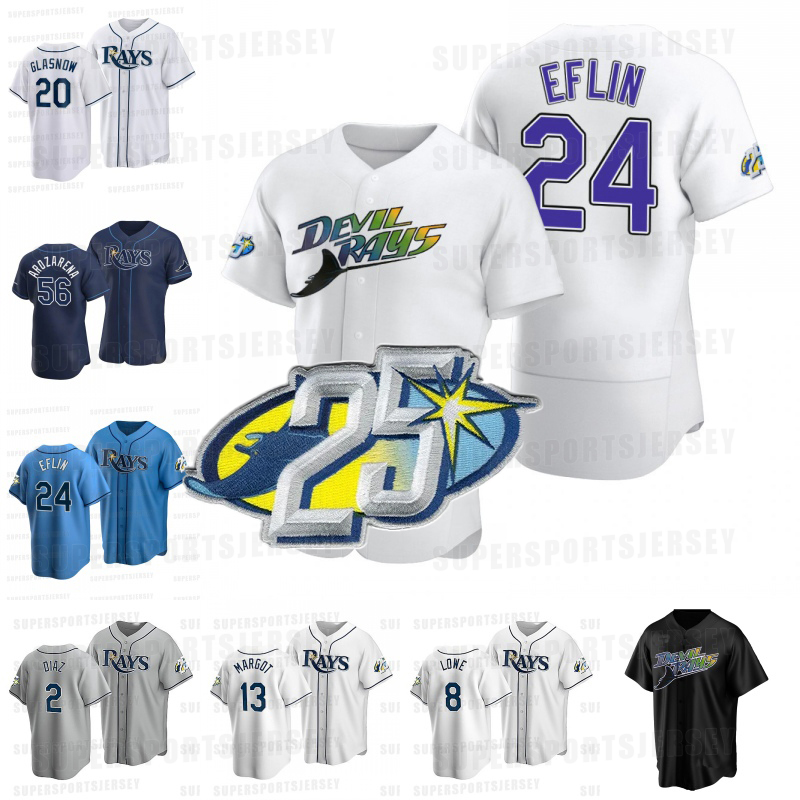 

Stitched Devil Rays 25th Patch jersey Baseball Jerseys Zach Eflin Manuel Margot Yandy Diaz Tyler Glasnow Bran don Lowe Randy Arozarena Wander Franco Men Women Youth, White cool base +25th patch
