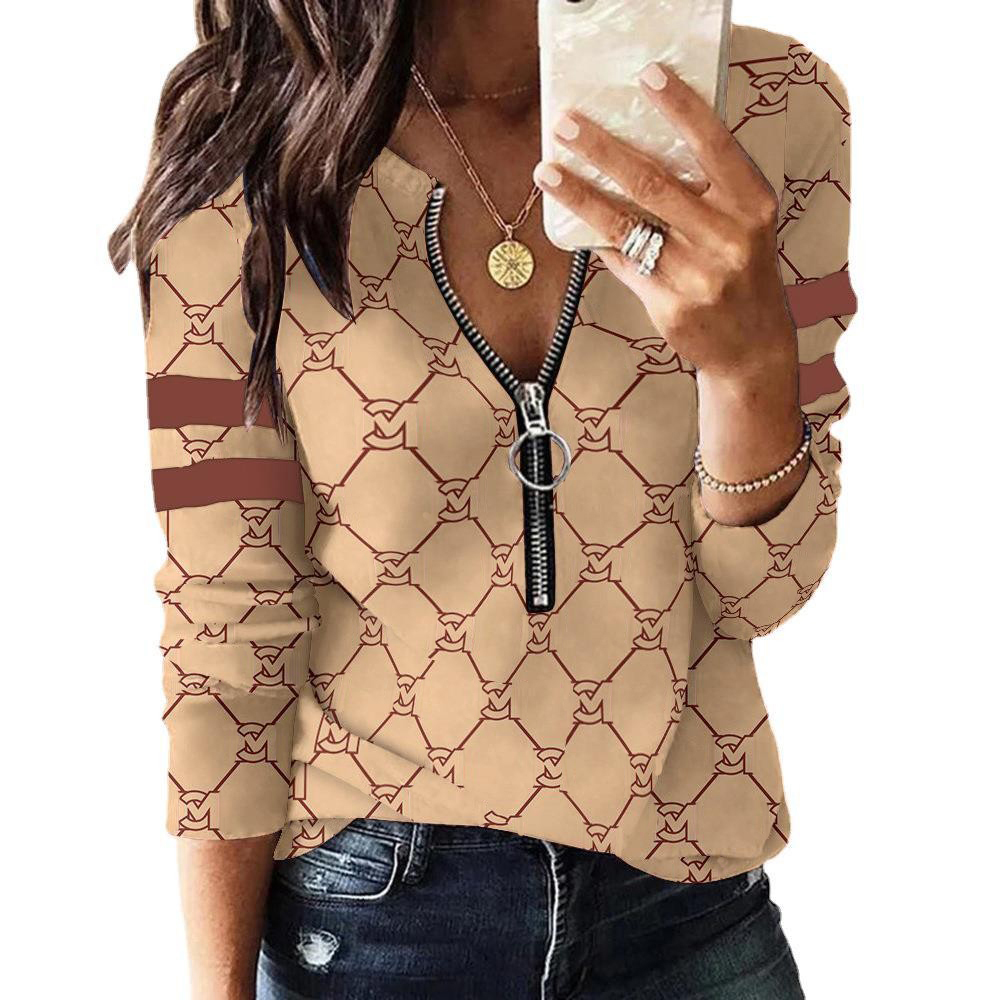 

Womens T-shirt Printing Round Zipper Neck Shirt Ice Silk Shirt Thin Jacquard Knitted Top Long Sleeved Lady Fashion Tees, 11