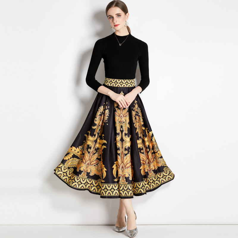 

2023 Designer Two Piece Dress Baroque Floral Set Long Sleeve Dresses Sets Women Slim Black Knitted Tops and Midi Skirts Print Party Cocktail Set Office Lady Skirt Suit, Multi