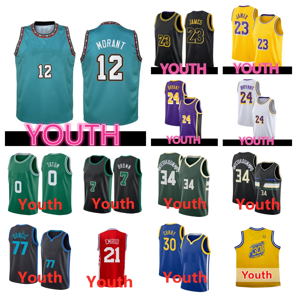 

Youth Jerseys Ja Morant Stephen Curry Bryant LeBron Jaylen Brown Embiid Jayson Tatum Luka Doncic Antetokounmpo Ja Morant Kid Jersey free shipping