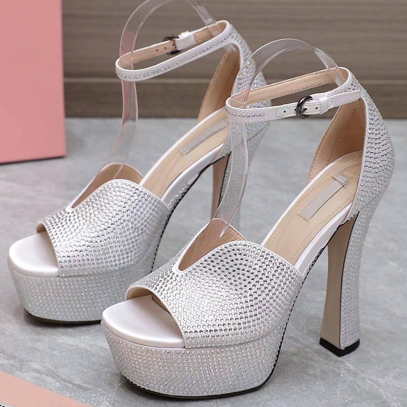 

Designer Sandals Fashion Women High Heels Fashion Dress Shoe Silk Rhinestone Open Toe Platform Thick Sole Casual Buckle Party Wedding Shoes, Black