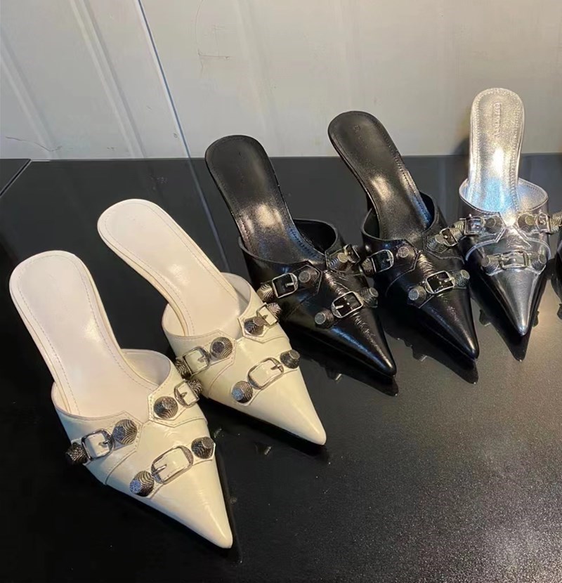 

stud buckle embellished formal shoes Women's leather pointed thin high-heeled shoes Party black luxury designer 9CM Pumps High heeled slippers 35-42size, Grey