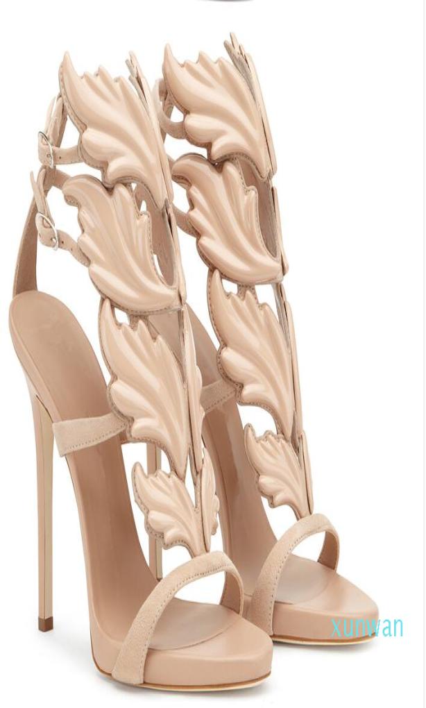 

Whole Golden Metal Wings Leaf Strappy Dress Sandal Silver Gold Red Gladiator High Heels Shoes Women Metallic Winged Sandals6224985