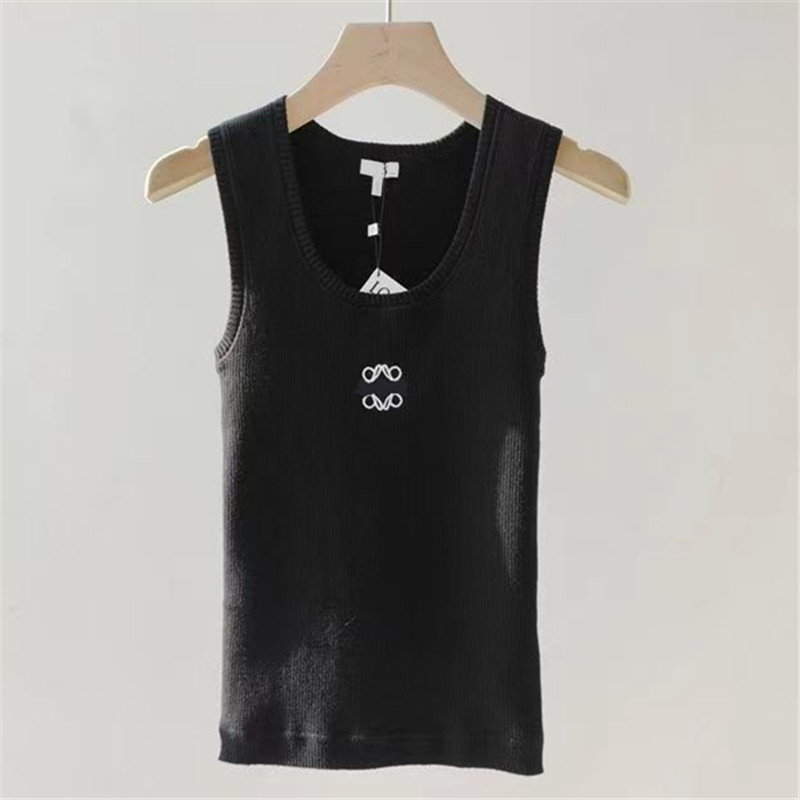 

WS81 womens Sexy Crop Top knits vests embroidery white sleeveless printed luxury fashion rib knit fabric with textured graphic details embroidered on the front  M L