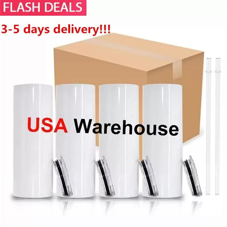 

USA /CA Local Warehouse 20oz Sublimation Tumblers STRAIGHT blanks white Slim Beer Cups DIY Coffee Mugs with Lid and Straw