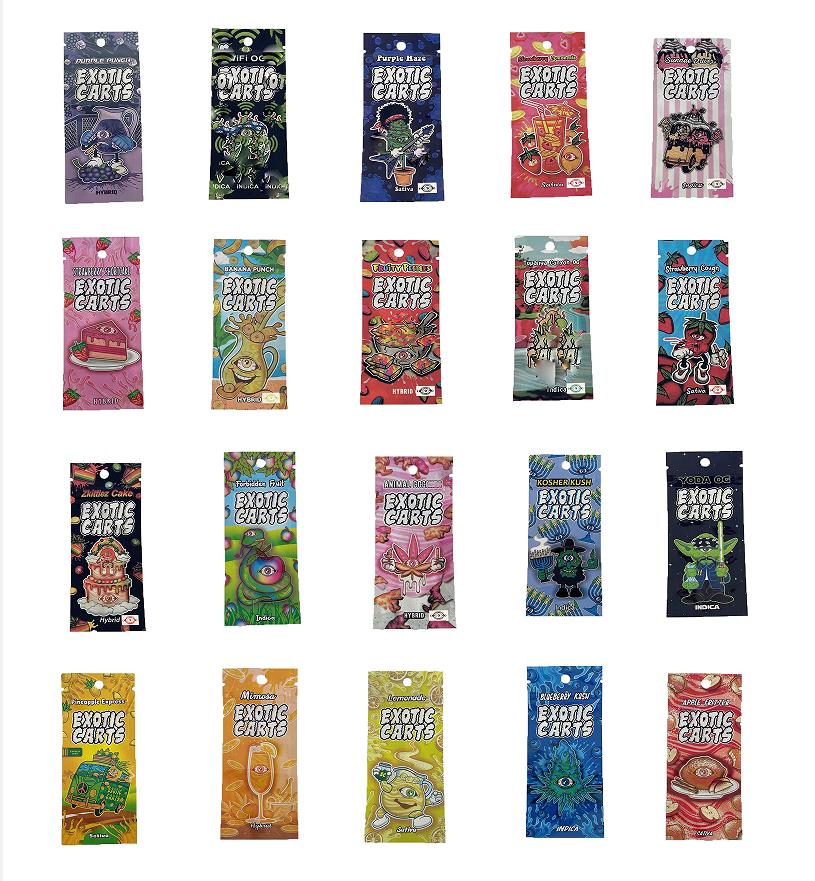 

exotic carts packaging bags E-cigarette Atomizer Package pack Fruit flavor Infused Candy Edibles Packing Mylar Smell Proof Wholesale bag