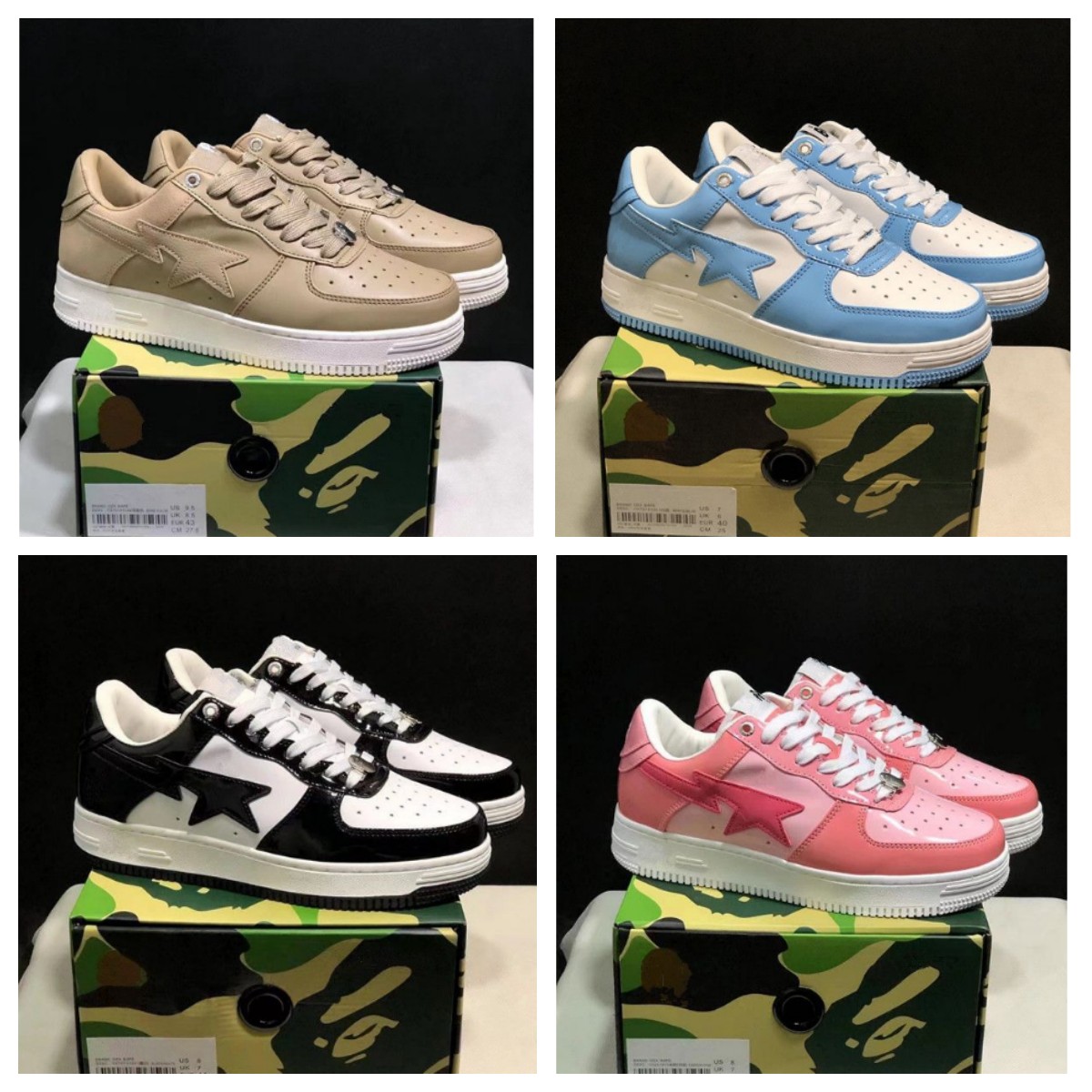 

Bapestas Baped Sta Casual Shoes Sk8 Low Men Women Black White Pastel Green Blue Suede Pink Mens Womens Trainers Outdoor Sports Sneakers Walking Jogging size36-45, Color 6