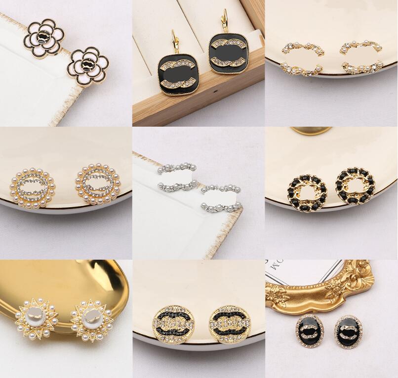 

23ss 20style Mixed Luxury Brand Designer Double Letters Stud 18K Gold Plated 925 Silver Circle Round Women Crystal Rhinestone Pearl Earring Wedding Party Jewerlry