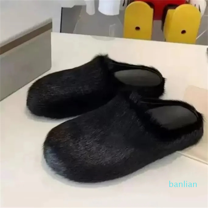 

designer Fashion Fur Slippers Women Round Toe Horse Hair Slides Female Mohair Black, Orange