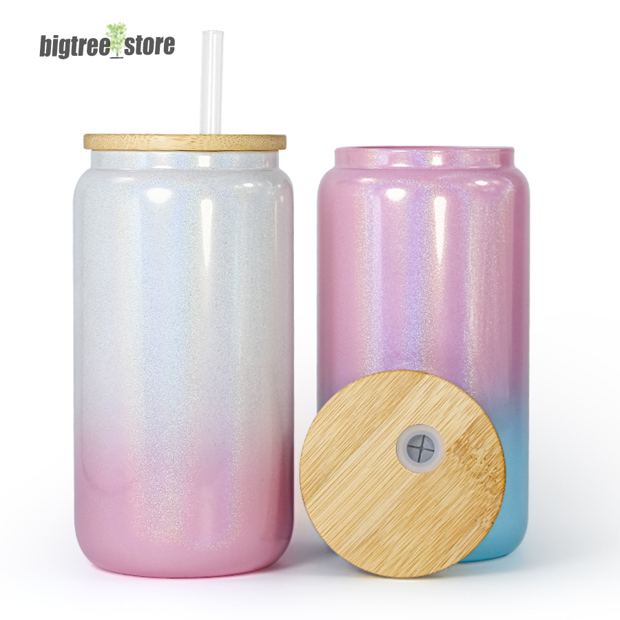 

16oz Sublimation Glitter Glass Jar Gradient Beer Mugs Can Shaped Glass Cups Beer Can Glass Tumbler Drinking Glasses With Bamboo Lid And Reusable Straw, Purple