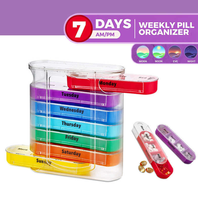 

Kitchen Storage Organization Weekly 7 Days Pill Organizer Four TimesaDay Medication Reminder 28 Compartments Pill Box Plastic Medicine Dispenser for Travel Z0322