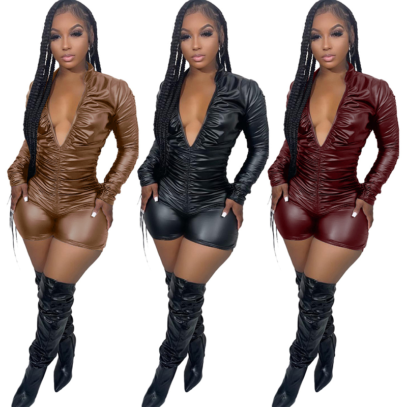 Women Jumpsuits Designer 2023 New Solid Color Pleated High Elastic Pu Leather Rompers 3 Colours-image-402186670