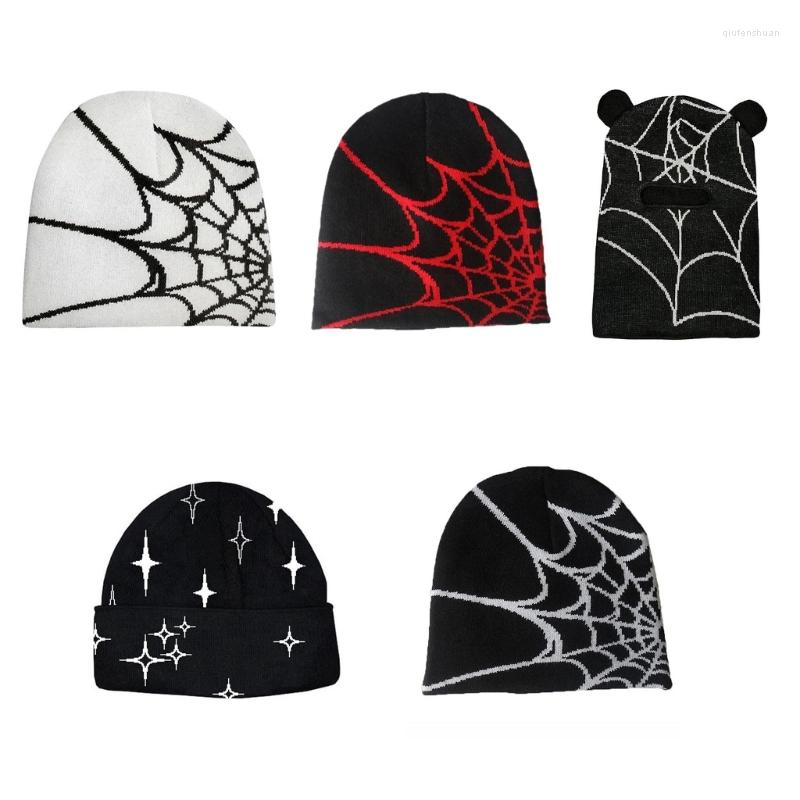 

Berets Spider Web Hat Y2k Knit Beanie Baggy Slouchy Skull Skullies Drop, White