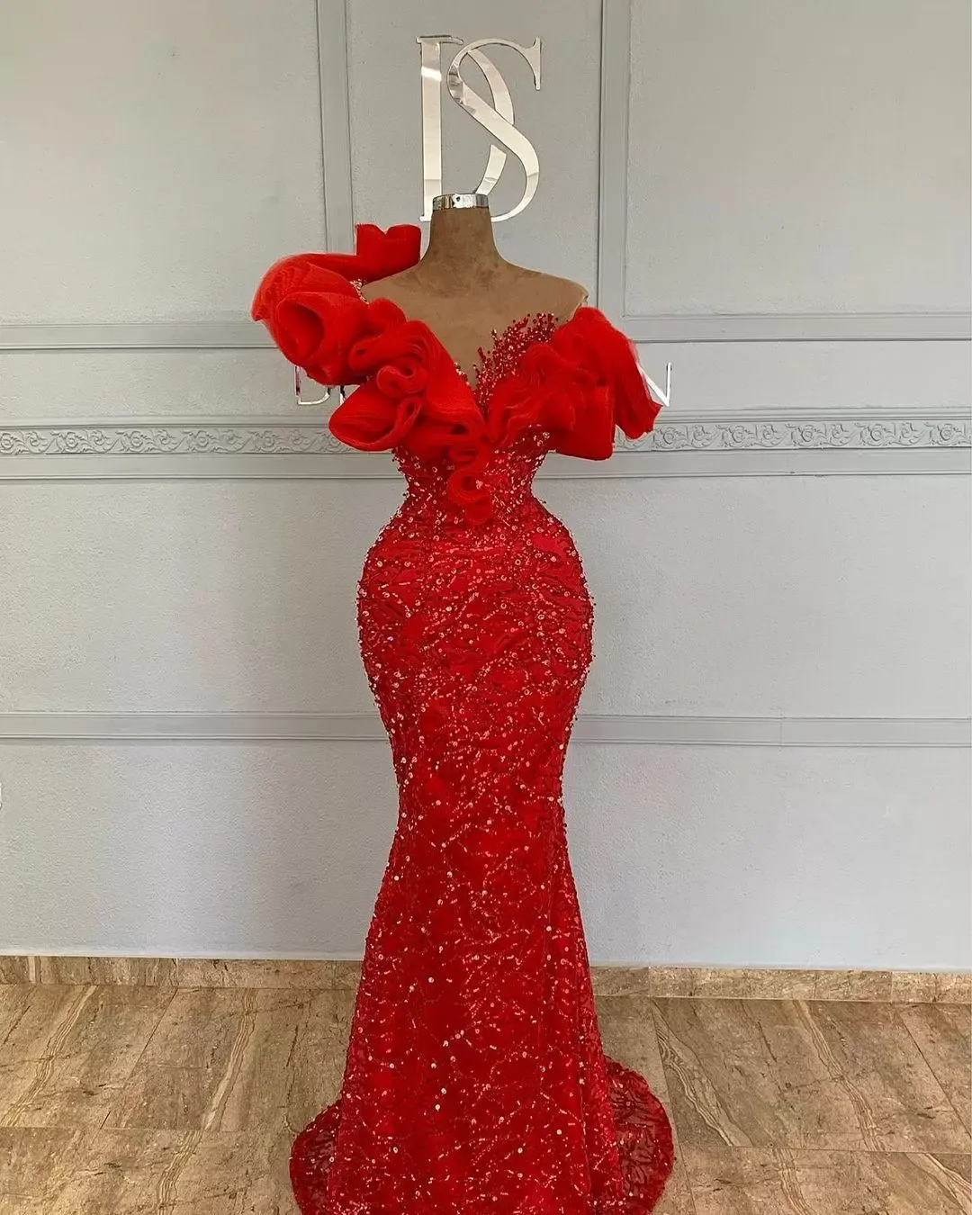 Elegant Plus Size Arabic Aso Ebi Red Mermaid Sparkly Prom Dresses Sheer Neck Evening Formal Party Second Reception Birthday Engagement Gowns Dres