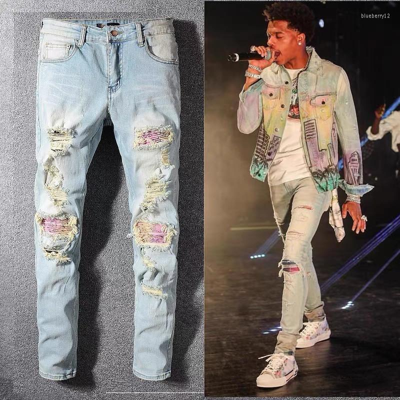 

Men's Jeans High Street Patchwork Blue Men 2023 Hip Hop Ripped Hole Slim Pants Trendy Party Club Calsas Masculina