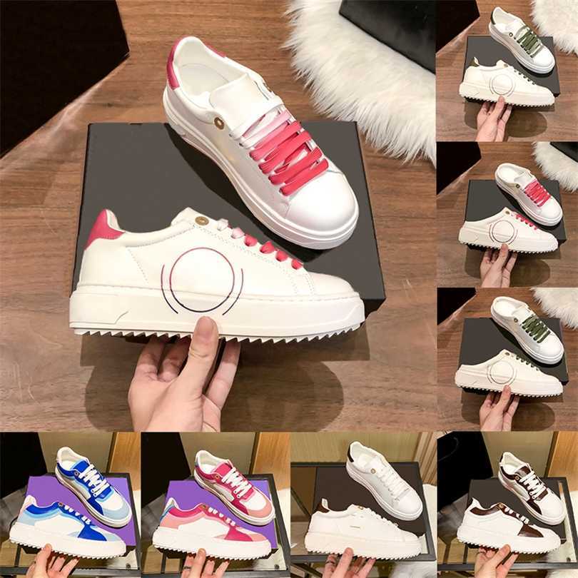 

2022 Top women casual shoes Time Out Calfskin Leather Sneaker Open Back Fuchsia Pink Khaki Green white Gold embossed Deep Blue printed luxury womens sneakersNUJ, 12 gold fuchsia printed