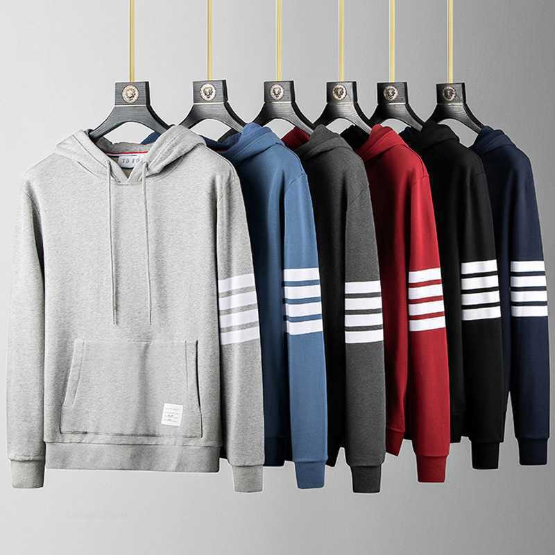 

TB FOG Thom Spring Autumn Hoodies Men Women Clothing Trend Four Striped Sweatshirt Hombre Couples Long Sleeve Sweater Loose Tops, Gray