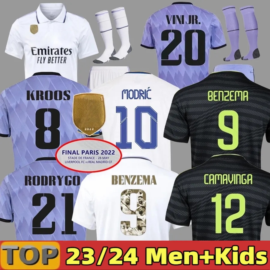 

23 24 BENZEMA kids Finals soccer jersey 2022 2024 football t shirt VINI JR CAMAVINGA TCHOUAMENI REAL MADRIDS VALVERDE HAZARD ASENSIO MODRIC camiseta men kit, 22 23 away aldult ucl