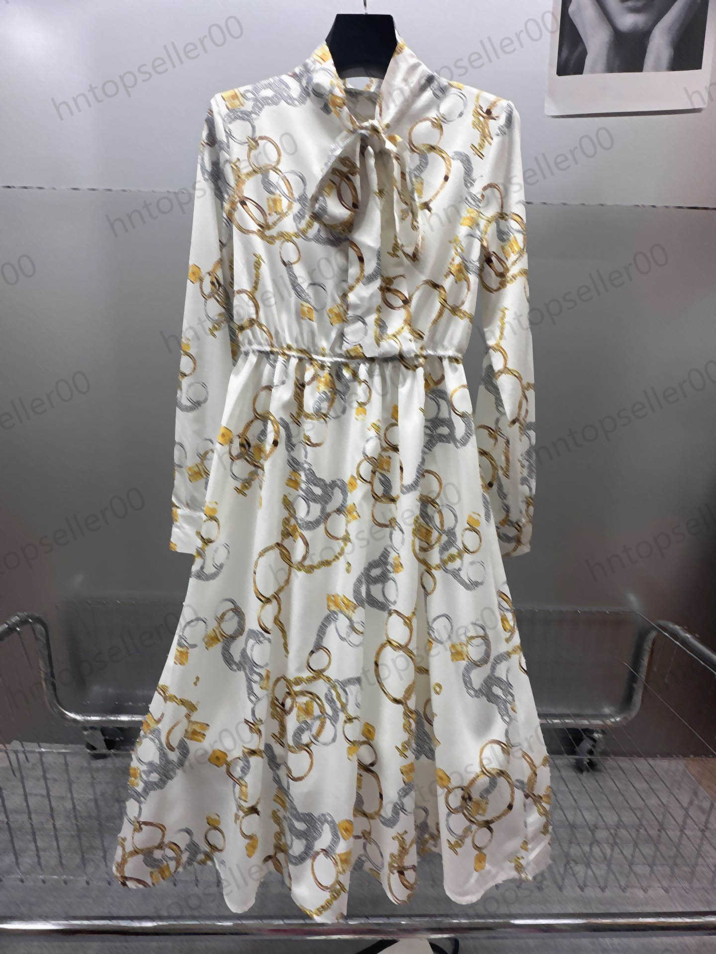 

Casual Dresses Sexy Women Designer Clothes Spring Summer Luxury Casual Loose Small Polo Neck Chain Splice Print Ribbon Bow Long Sleeve Dress Female Skirt
