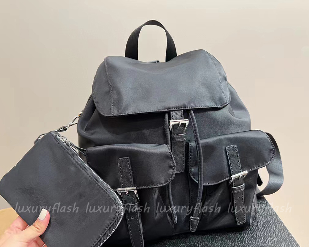 

Triangle Designer Backpack Fashion Women Back Pack Black 2pcs Coin Purses Small Wallets Zipper Pocket Luxury Backpacks Nylon High Quality Drawstring Design