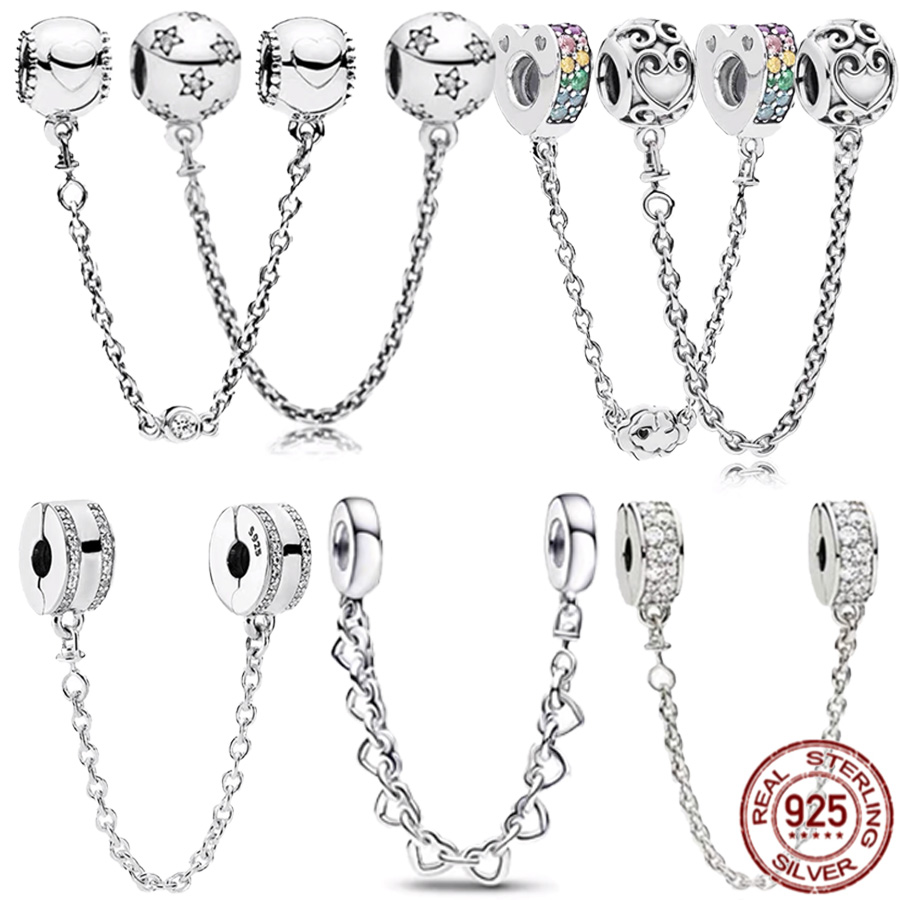 

NEW 925 Sterling Silver Heart Clip Safety Chain Charms Bead Fit Original Pandora Bracelet Necklace DIY Women Jewelry Gift