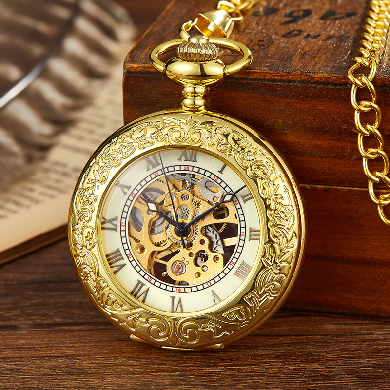 

Pocket Watches Vintage Gold Bronze Mechanical Pocket Watch Hand Winding Skeleton Roman Numerals Dial Fob Chain Clock for Men Drop 230324