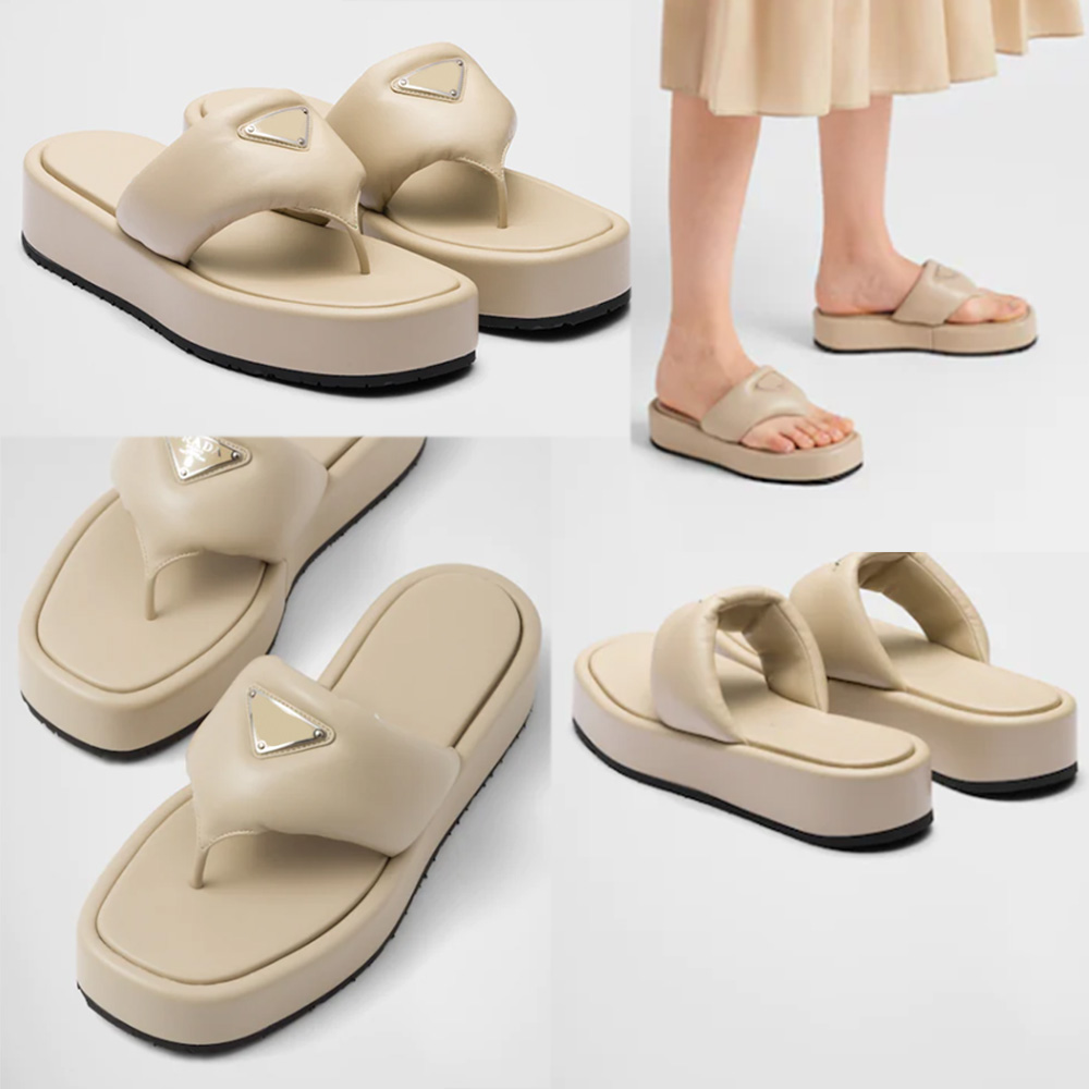 

Soft padded nappas leather thong wedgen sandals F035 Enameled metal triangle logo Womens designer sandals flip flops travel pool sandals platform sandals slipper