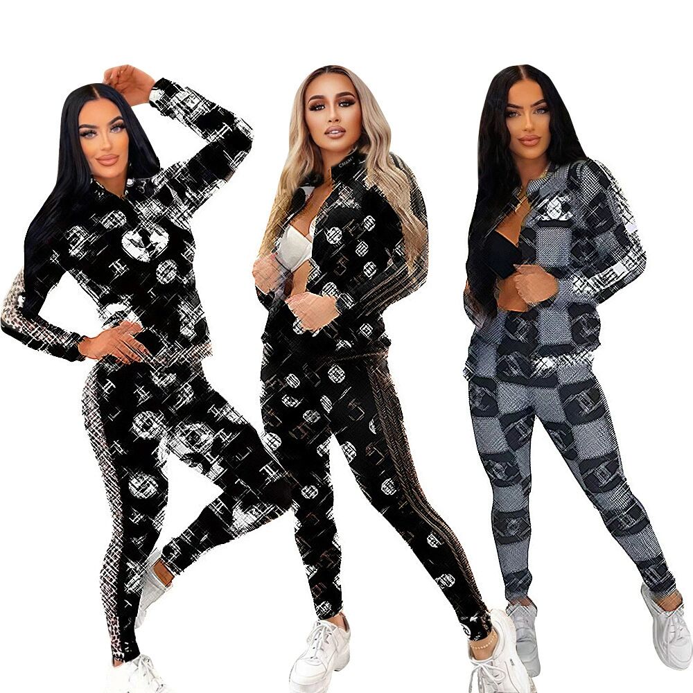 

Women's Two Piece Sets DD0014 Fashion Fashion Slim Fit Zipper Set, Black leopard print