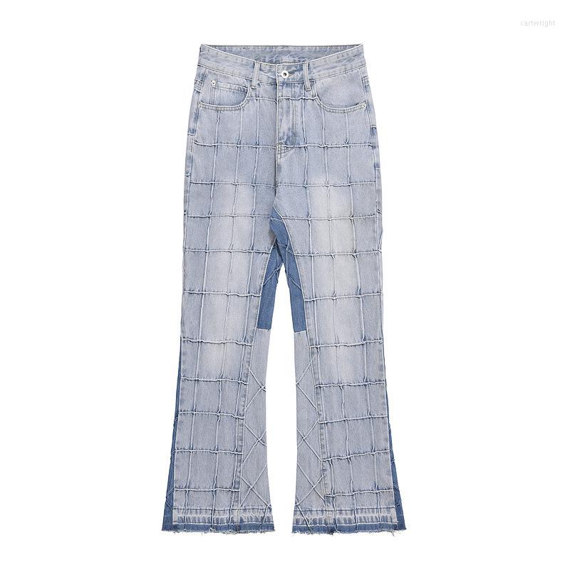 

Men' Jeans European American High Street Washed Man Pleated Spliced Denim Full Length Wide Leg Flare Pants Four Seasons, Black