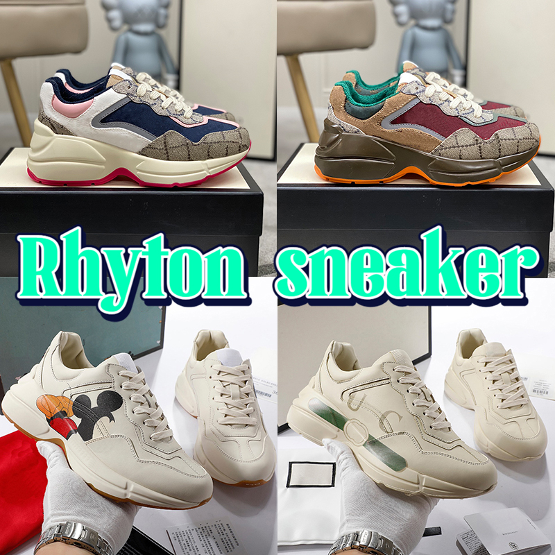 

New Designer shoes Rhyton Platform Sneakers Leather Womens Sneaker old daddy mens Luxury Vintage Logo Chunky beige canvas interlock web printed Men Women Trainers, Blue yellow brown canvas