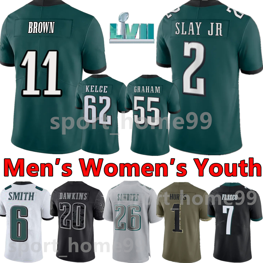 

Custom 11 AJ Brown 6 DeVonta Smith Football Jerseys 1 Jalen Hurts 26 Miles Sanders 20 Brian Dawkins 2 Darius Slay Jr. 62 Jason Kelce 90 Davis Men women youth Jersey, Colour 16