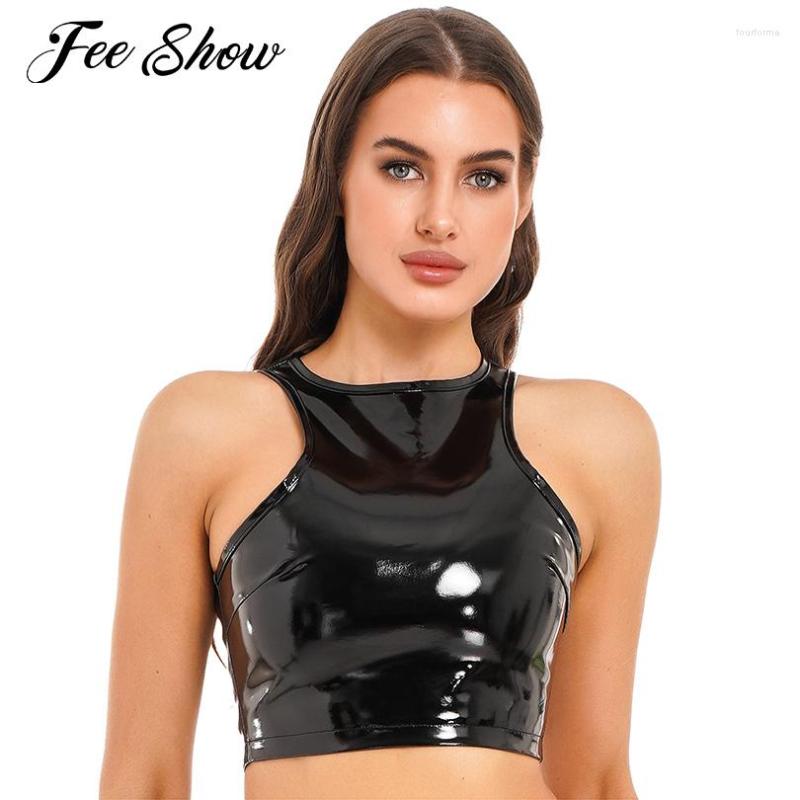 

Bras Sets Women Latex Zipper Back Tops Casual Pole Dancing Tanks Top Wet Look Patent Leather Crop Glossy Sleeveless T-shirt Clubwear, Black