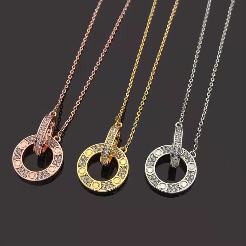 

2023 Titanium Steel 18k Gold Luxury Crystal Pendant Necklace Women's Brand Love Double Ring Full Diamond Necklace High Quality Designer Necklace