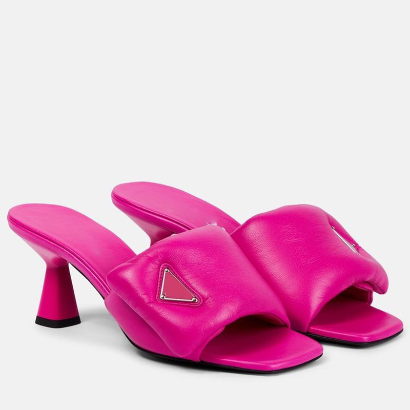

Novelty slippers designer Triangular buckle Top quality Genuine Leather sandals 6.5CM Kitten heel shoes Fashion Square toe open toe sandal womens Bread Slipper 35-42, Yellow