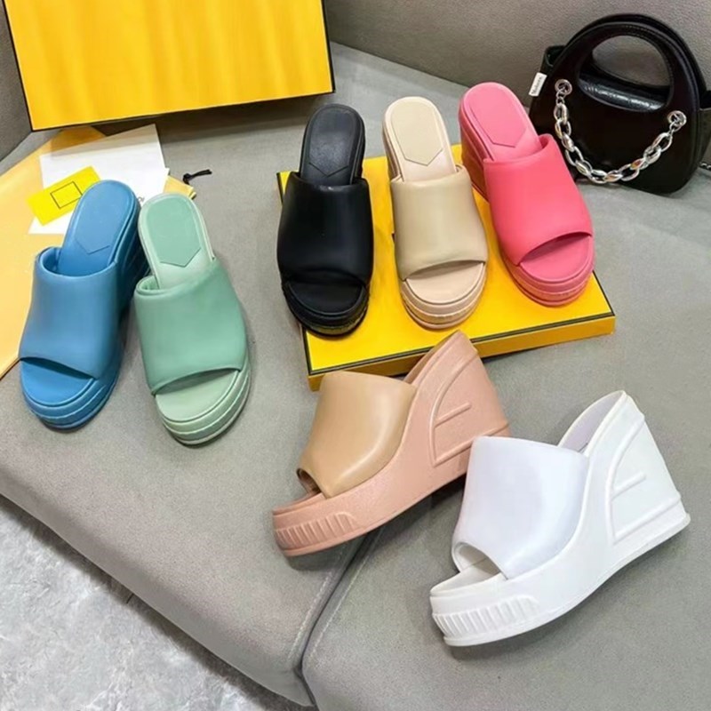 

High Heel Slippers Women's Genuine Leather Sexy the lazy Slippers Open Toe Mules Summer Walk Holiday Casual Beach Slippers 35-42 size Wedge Slippers, Yellow box